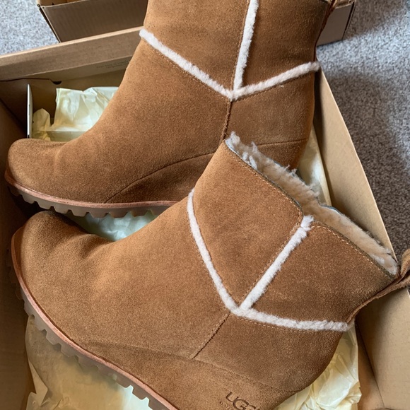 UGG Shoes - UGG Chestnut Suede Wedge Ankle Boots with Shearling Trim